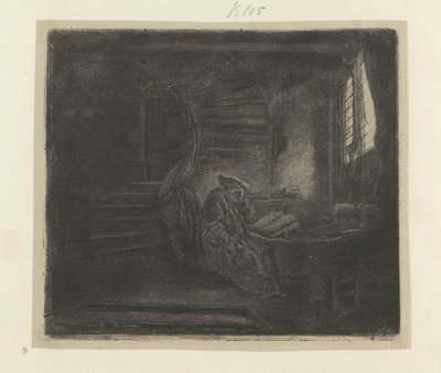 Hieronymus v een donker studeervertrek Kolekce osmdesáti pěti původních tisků (název série) od Rembrandt van Rijn