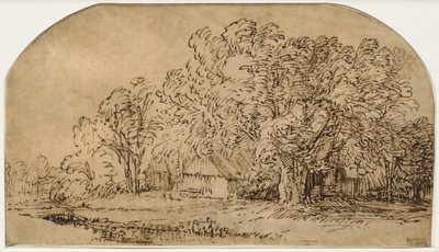 Krajina s domky pod vysokými stromy ("Puff of Wind") od Rembrandt van Rijn