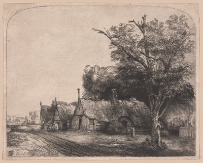 Krajina se třemi sedlovými domky vedle silnice od Rembrandt van Rijn