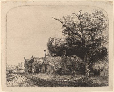 Krajina se třemi sedlovými domky vedle silnice od Rembrandt van Rijn