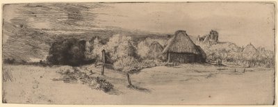 Krajina se stromy, hospodářskými budovami a věží od Rembrandt van Rijn