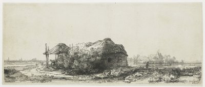 Krajina s chalupou a seníkem Krajina s chalupami a seníkem: podlouhlá od Rembrandt van Rijn