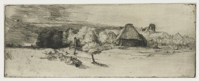 Krajina s hospodářskou budovou a domem s věží Krajina s hospodářskou budovou a "dům s věží" od Rembrandt van Rijn