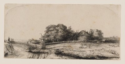Krajina se stodolou na seno a stádem ovcí od Rembrandt van Rijn