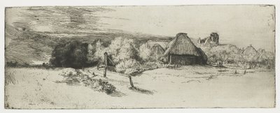 Krajina s hospodářskou budovou a "dům s věží" od Rembrandt van Rijn