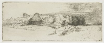 Krajina s hospodářskou budovou a „domem s věží“ od Rembrandt van Rijn