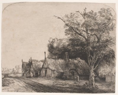 Krajina se třemi sedlovými chalupami u silnice od Rembrandt van Rijn