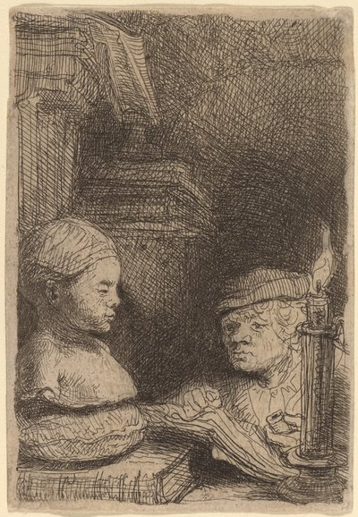 Muž kreslení z odlitku od Rembrandt van Rijn