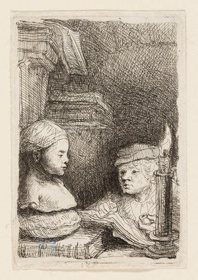Muž kreslení z odlitku od Rembrandt van Rijn