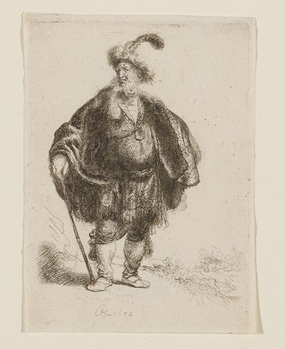 Stojící muž v orientálním oděvu a kožešinové čepici s pérem od Rembrandt van Rijn