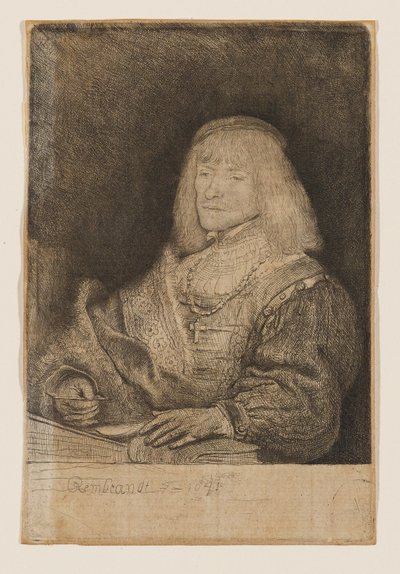 Muž u stolu, s křížkem a řetízkem od Rembrandt van Rijn