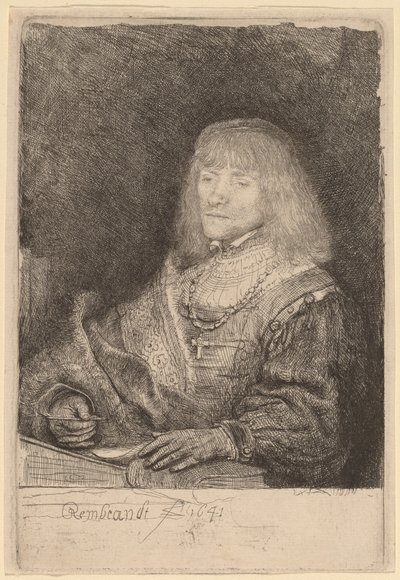 Muž u stolu s křížem a řetězem od Rembrandt van Rijn