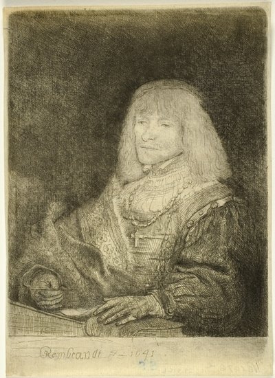 Muž u stolu s křížem a řetězem od Rembrandt van Rijn