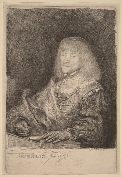 Muž u stolu s křížkem a řetízkem od Rembrandt van Rijn
