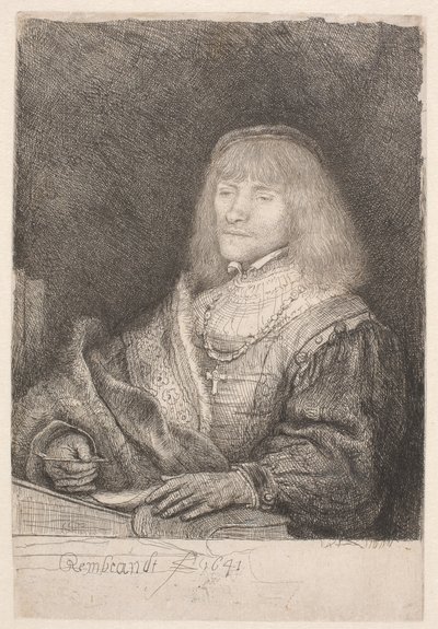 Muž u stolu, na krku má křížek na řetízku od Rembrandt van Rijn