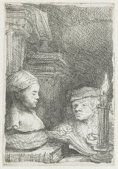 Muž kreslení z odlitku od Rembrandt van Rijn