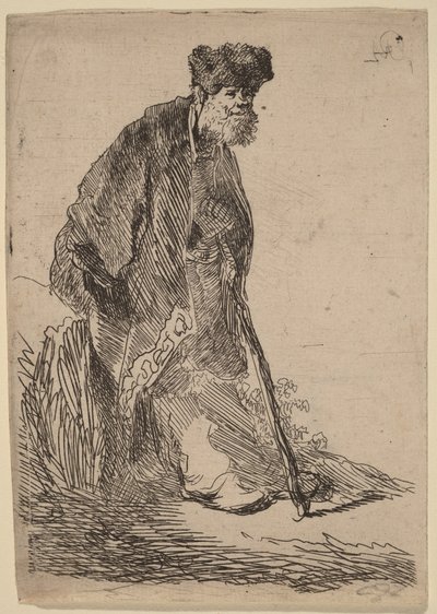 Muž v kabátě a kožešinové čepici, opírající se o lavičku od Rembrandt van Rijn