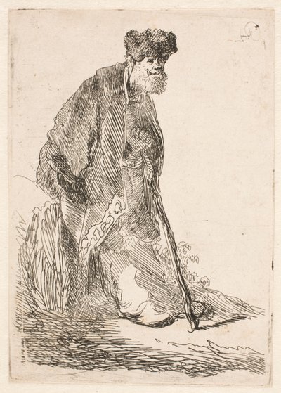 Muž v plášti a kožešinové čepici, opírající se o lavici od Rembrandt van Rijn