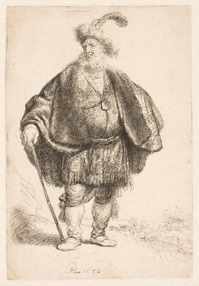 Muž stojící v orientálním oděvu a kožešinové čepici s pérem od Rembrandt van Rijn