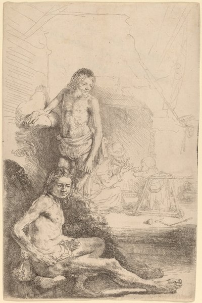 Nahý muž sedící a nahý muž stojící, se ženou a dítětem v pozadí od Rembrandt van Rijn
