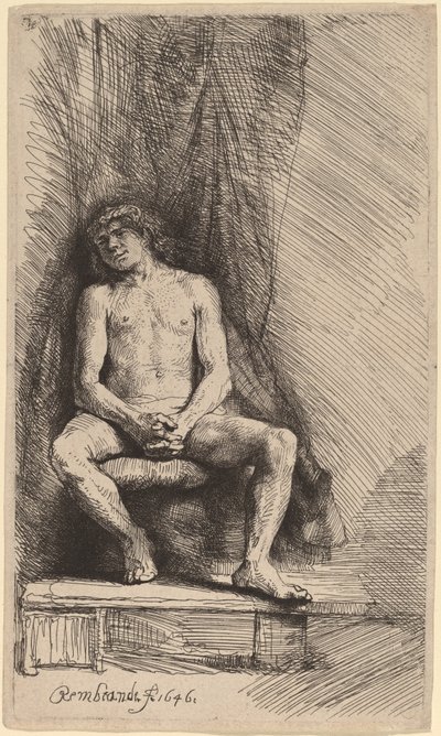 Nahý muž sedící před oponou od Rembrandt van Rijn