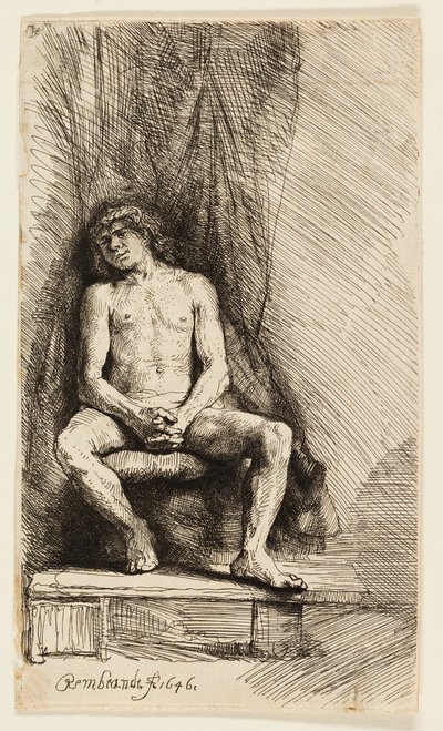 Nahý muž sedící před oponou od Rembrandt van Rijn