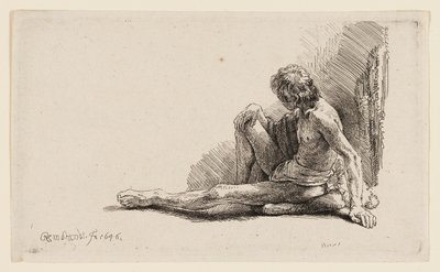 Nahý muž sedící na zemi s jednou nohou prodlouženou od Rembrandt van Rijn