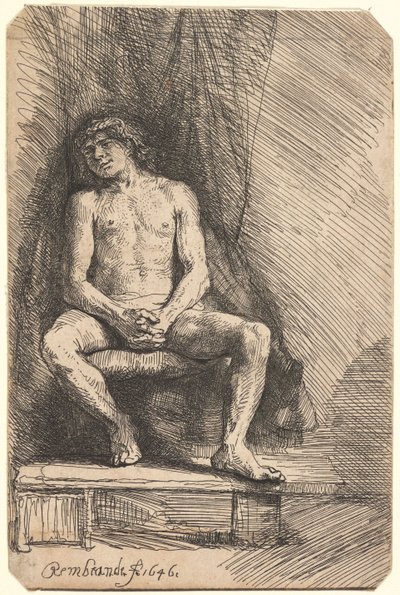 Nahý muž sedící před závěsem (BB.46-Bi) od Rembrandt van Rijn
