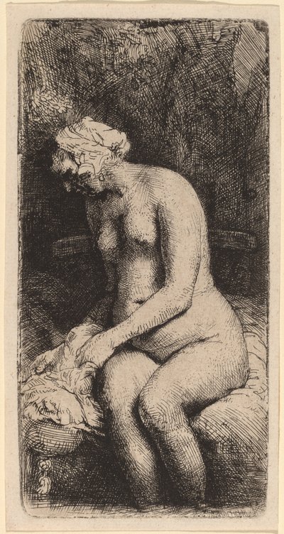 Akt sedící na lavičce s polštářem (žena si koupe nohy u potoka) od Rembrandt van Rijn