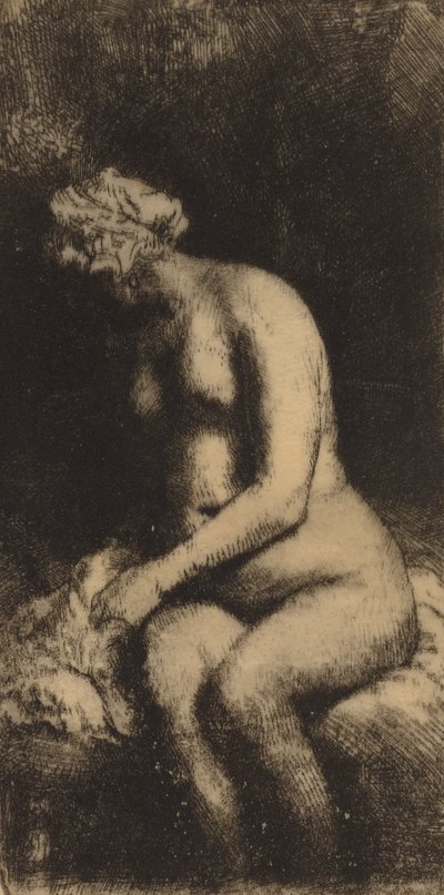 Nahá žena sedící na lavičce s polštářem, koupající si nohy u potoka, 1658. od Rembrandt van Rijn