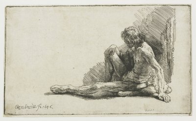 Nahý muž sedí na zemi s jednou nohou nataženou od Rembrandt van Rijn