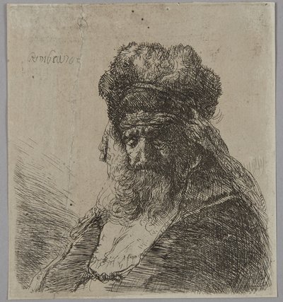Starý vousatý muž v vysoké kožešinové čepici se zavřenýma očima od Rembrandt van Rijn