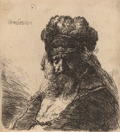 Starý vousatý muž ve vysoké kožešinové čepici, se zavřenýma očima, c. 1635. od Rembrandt van Rijn