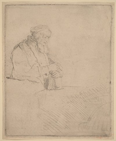 Starý muž v meditaci, opírající se o knihu od Rembrandt van Rijn
