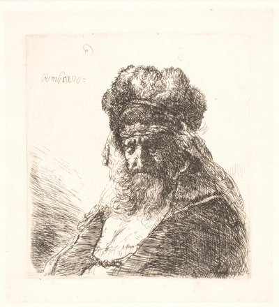 Starý vousatý muž ve vysoké kožešinové čepici se zavřenýma očima od Rembrandt van Rijn