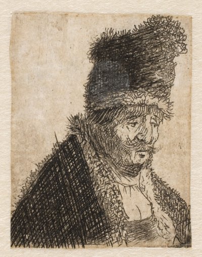 Starý muž v kožichu a vysoké čepici: poprsí od Rembrandt van Rijn