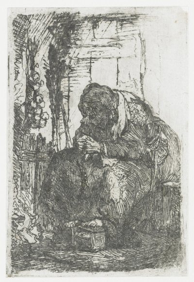Stařenka s cibulí, sedící v chatrči od Rembrandt van Rijn