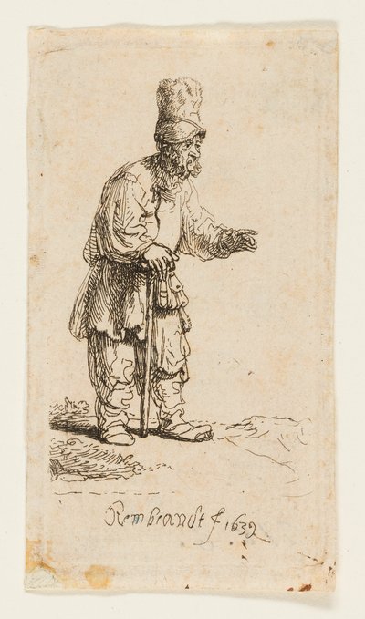 Sedlák ve vysoké čepici, stojící opřený o hůl od Rembrandt van Rijn