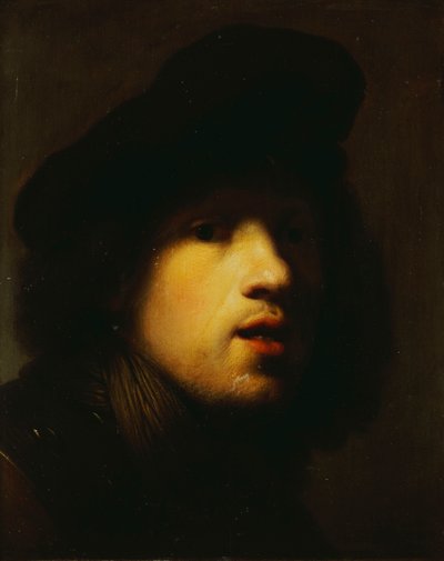 Portrét umělce, hlava a ramena, v černém baretu a rouchu od Rembrandt van Rijn
