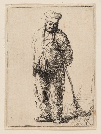 Otrhaný rolník s rukama za sebou, držící hůl od Rembrandt van Rijn