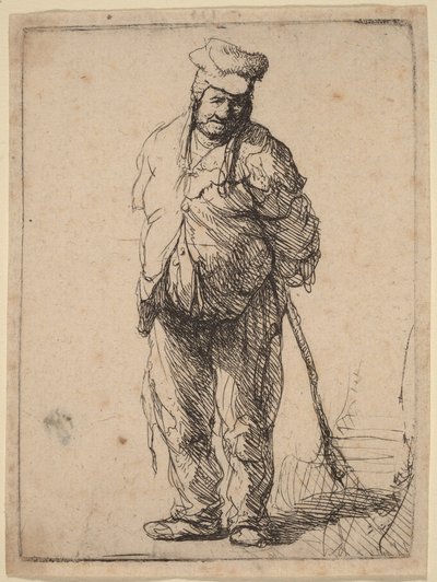 Otrhaný rolník s rukama za zády, držící hůl od Rembrandt van Rijn