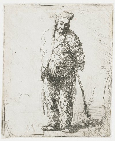 Otrhaný rolník s rukama za zády, držící hůl od Rembrandt van Rijn