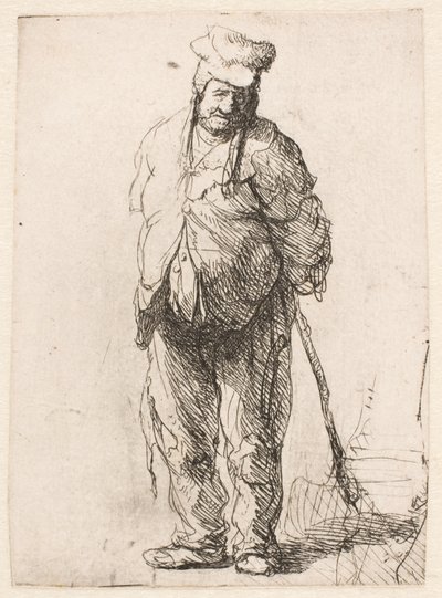 Otrhaný rolník s rukama za zády, držící hůl od Rembrandt van Rijn