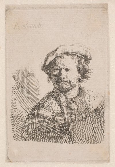 Rembrandt v ploché čepici s šátkem kolem ramen od Rembrandt van Rijn