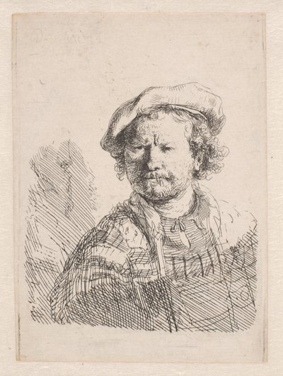 Rembrandt v ploché čepici s šátkem kolem ramen od Rembrandt van Rijn