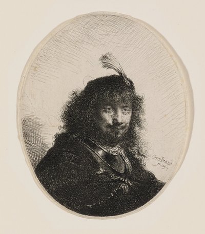 Rembrandt s čepicí s pérem a spuštěnou šavlí od Rembrandt van Rijn