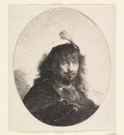Rembrandt s opeřeným kloboukem a spuštěnou šavlí od Rembrandt van Rijn
