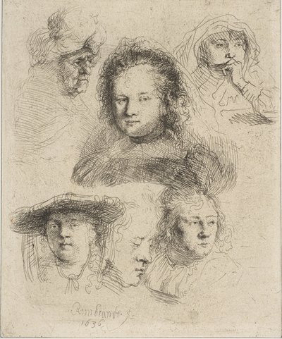 Rembrandtova žena a pět dalších hlav, 1636. od Rembrandt van Rijn