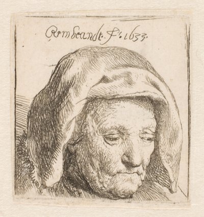 Rembrandtova matka s látkovou čelenkou, sklánějící hlavu: pouze hlava od Rembrandt van Rijn