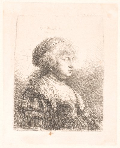 Rembrandtova manželka Saskia s perlami ve vlasech, poprsí od Rembrandt van Rijn